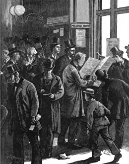 Drucke von Ein Schneideglas zeigt einen Gruppierungen von Lloyd's Versicherern über die Verlustbücher im Büro, nach einem schlechten Wetterzusammenbruch in der Winterzeit 1876-7 England Drucke: Der Verlustbuch der Lloyd's von London, 1877