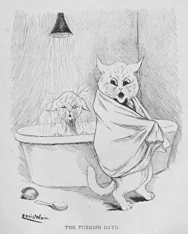 Drucke von Ludwig Wain - zwei Katzen im türkischen Bad, um 1900er Jahren Badezimmer Drucke: Ludwig Wain - Badebad