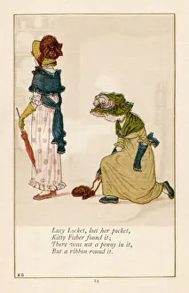 Drucke von Luzi Lockert verlor ihren Taschenbeutel, Kati Fischer fand ihn. In ihm gab es keinen Pfennig darin aber eine Band um es herum Kinderzimmer Drucke: Lucy Locket / Greenaway