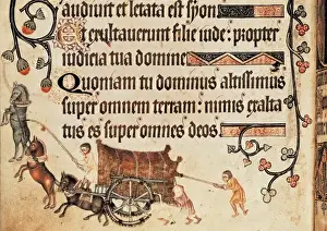 Medieval Manuscript Drucke: Luttrell Psalter. 14th c. Blocked cart pulled