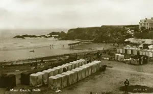 Cornwall Coast Drucke: Maer Beach with Bathing Huts, Bude, Cornwall