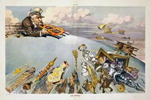 Drucke von Der Magnet. Karikatur mit dem Porträt von John Pierpont Morgan mit einem großen Magneten im Form eines Geldzeichens und die Malereien, Rüstungen und andere Gegenstände zeichnet ein. Datum: 1911 John Pierpont Drucke: Der Magnet