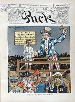 Drucke von Machen Sie mir einen Angebot an, Herren! Die Illustration zeigt Onkel Sams auf einer Plattform stehend neben einem philippinischen Mann vor einem Schild mit der Inschrift: Für Verkauf - Philippinen Verwandte Bilder Drucke: Machen Sie mir eine Angebotsfrage, Herren
