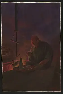 Traditional Japanese Prints Drucke: Man drinking sake before the hearth