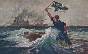 Drucke von 1915 schuf Hans Bohrdt seine berühmteste Illustration, die 'Der Letzte Mann' genannt wird Südamerikanische Kunstdrucke: Der Letzte Mann, Hans Bohrdt - Propaganda - deutscher Marineoffizier.