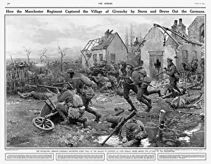 Drucke von Die Manchester Regiment erobern das von den Deutschen besetzte Dorf Givenchy am 20. Dezember 1914 Fortunino Matania Drucke: Das Manchester-Regiment erobern Givenchy im Jahr 1914