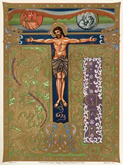 Drucke von Faksimil einer Seite eines illuminierten Handschriften mit dem Kreuz im ornamentalen Buchstaben T (aus der Kirche in Metz, Frankreich) Metz Drucke: Handschrift (Krüznagel)