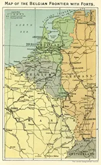 Belgien Drucke: Karte der belgischen Grenze mit Festungen im Ersten Weltkrieg