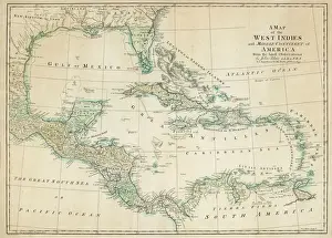 Drucke von Die Karibik mit den Inseln der Westindien und den Küsten der Vereinigten Staaten sowie der spanischen Besitzungen die später zu Texas und Mexiko wurden und die nördliche Küste Südamerikas Südamerikanische Kunstdrucke: Karte der Karibik