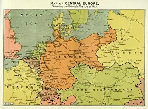 Drucke von Karte von Zentraleuropa im Ersten Weltkrieg mit dem Haupttheater des Krieges dargestellt. Datum: Erster Weltkrieg Belgien Drucke: Karte Zentral-Europas, Erster Weltkrieg