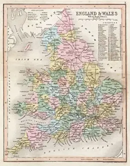 Drucke von Karte von England und Wales mit Straßen und Flüssen, Datum um 1857 Karte Drucke: Karte/England und Wales, 1857