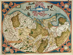 Drucke von Karte von Deutschland und Niederlanden zur Zeit; Das Theater der Welt auf dem Erdboden durch Abraham Ortelius (1527-1598); erste Ausgabe; Antwerpen, 1574; Bibliothek Kataloniens in Barcelona, Spanien O Drucke: Karte von Deutschland und Niederlanden in der aktuellen Situation