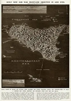 Drucke von Ein Konturkarte von Sizilien, die den kürzesten Luftweg vom Cap Bon und Malta zeigt Malta Drucke: Karte von Sizilien von G.H.Davis