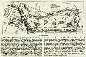 Drucke von Der vorgeschlagene Plan von Victoria-Park in Bethnal-Green umfasst das gesamte Stück Land zwischen den Hackney- und Whitechappelstraßen, dessen Umfang etwa 290 Acres beträgt Victoria Park Drucke: Karte von Victoria-Park
