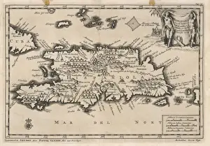 Drucke von Die Insel Hispaniola, jetzt von Haiti im Westen und der Dominikanischen Republik im Osten besetzt Dominikanische Republik Drucke: Karte von den Indischen Inseln/Hispaniol