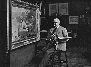 Drucke von Marcus Stone Künstler, fotografiert bei der Arbeit mit seinem Autogramm Datum: 1840-1921 Marcus Stein Drucke: Markus Stein am Arbeitsplatz