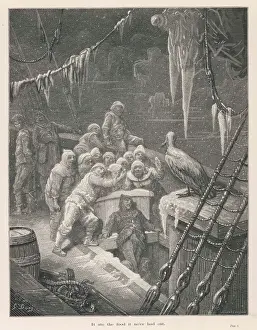 Drucke von Die eisgekühlte Besatzung wird von einem Albatros begleitet, der auf dem Schiff sitzt Albatrosse Drucke: Die Seefahrer, der Albatros