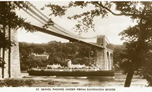 Drucke von Die Dampfschiffboot St. Seiriol unter der Menai Bridge passiert Thomas Telford entworfen Anglesey Drucke: Mennei Brücke mit Dampfschiff