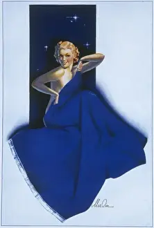 Drucke von Die blonde Pin-up-Girl von Merlin Enabnit posiert kühn hinter einem dunkelblauen Tuch. Er wurde in Des Moines, Iowa geboren und war ein erfolgreicher kommerzieller Künstler Iowa Drucke: Die Merlins Blues von Merlin Enabnit