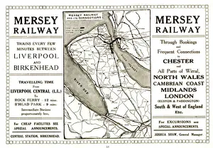 Tunnel Drucke: Bahnkarte Merseyside, Liverpool und Birkenhead