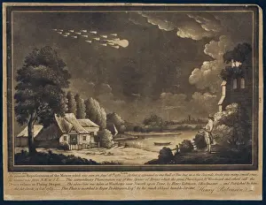 Drucke von Moderne Gravur von Harry Robinson eines Meteoriten, der am 18. August 1783 in der Nähe von Newark-upon-Trent gesehen wurde Zeitgenössische Kunst Drucke: Feuerkugel-Meteoritengrabierung