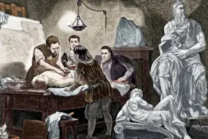 Moderne Bildhauerei Drucke: Mikael Angel erklärt die Anatomie an seine Schüler, Radierung