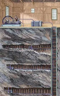 Mining Industry History Drucke: Mining. Coal mine with several floors. Colored engraving