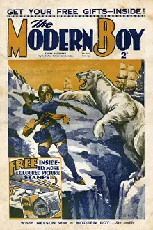Drucke von Vornehmte Abdeckung von The Modern Boy mit einer Illustration, die einen jungen Horatio Nelson zeigt, der sich gegen eine Angriff durch ein Polarpferd wehrt Eisbär Drucke: Der moderne Junge vor dem Cover von The Modern Boy - Angriff des Polarpfads