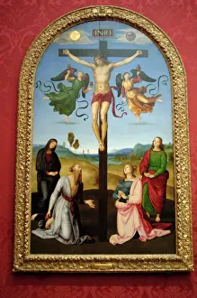 Drucke von Raphael (Raffaello Sanzio von Urbino) (1483-1520). Italienischer Maler . Die Mondschnitzelung . 1502 - 1503 . Nationale Galerie , London, Vereinigtes Königreich Raphael Drucke: Die Kreuzigung des Mondes von Raffael