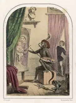 19th Century Animal Art Drucke: Monkey Copies Bufalmaco