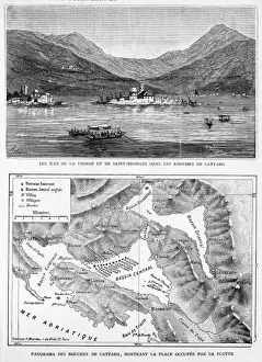 Drucke von Kotor (früher Cattaro) und die Inseln im Hafen, die den Hafen schützen : das französische Flottengeleitzug ist hier stationiert Montenegro Drucke: Kroatien Montenegro