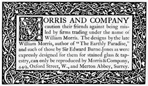 Drucke von Ein Bekanntmachung bezüglich der Authentizität von Morris and Co (Entwürfe von William Morriss) und eine Warnung an Kunden gegen unredliche Firmen William Morris Drucke: Morrises Ankündigung