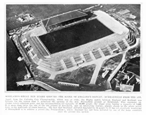 Drucke von Das Murrayfield-Rugby-Stadion in Schottland eröffnet sich im März 1925 und wird aus der Luft gezeigt; Datum: März 1925 Verwandte Bilder Drucke: Das Murrayfield-Stadion aus der Luft