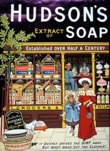 Drucke von Huddersons Seife, Datum: 1895 Badezimmer Drucke: Huddes Seifenwerbung