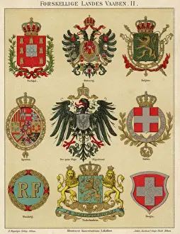 Drucke von Wappen verschiedener Länder: Portugal , Österreich , Belgien , Spanien , Riga , Italien , Frankreich , Niederlande und Schweden . (2 von 2) Lettland Drucke: Bundeswappennummern 2