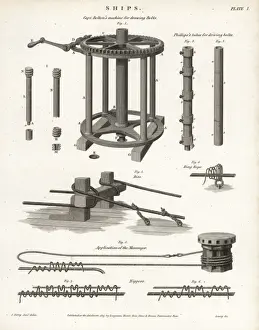 Copperplate Engraving Art Prints Drucke: Nautical engineering- bolt machinery and messenger