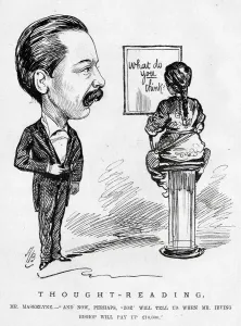 Drucke von Kartoonschau Gedankenlesen Kommentar zu den Zweifeln von John Nevil Maskelyne über die amerikanische Bühnenpsychologe Washington Irving Bishop. 1885 I Drucke: Kartoonschau Gedankenlesen