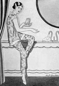 Drucke von Eine Frau hält die berühmten Düngemittel von Clark's, Thinin Bath Salts, zu ihrer Badewanne hinzu und erwartet so einen schlanken Körper wie es heutzutage in der Mode erfordert wird. 1928 Badezimmer Drucke: Klars Dünnendurchlässige Badsalze