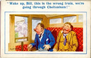 Donald McGill Comics Online Drucke: Comic postcard, Two drunkards on a train