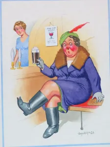 Komik-Postkarte, Frau trinkt im Pub