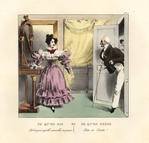Drucke von Ritter mit Stock und Hut unterbrechen eine Dame im Badezimmer Mode Drucke: Mann mit Stock und Hut, der die Unterbrechung unterbricht