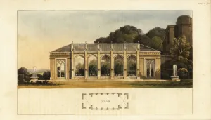 Drucke von Entwurf und Höhe eines gotischen Conservatoriums. Großer Grüngarten mit Glasdach und hohen Fenstern. Händegravatur aus Kupferplatte von Rudolf Ackermann's Repository of Arts in London, 1816 Rudolph Ackermann Drucke: Entwurf und Höhe eines gotischen Conservatoriums