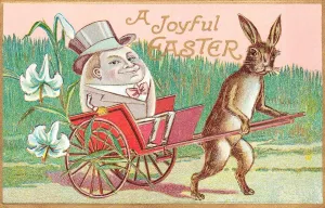 Hase zieht große Ei im Fahrrad auf einem Ostereierschuss