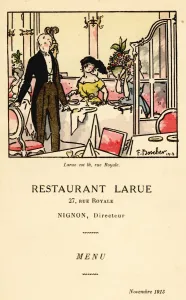 Drucke von Szene in einem luxuriösen Pariser Restaurant mit Kellner im Taille und weiblichen Abnehmern. Von der Speisekarte zu Restaurant Larue, 27 rue Royale Mode Drucke: Szene im luxuriösen Pariser Restaurant, 1913