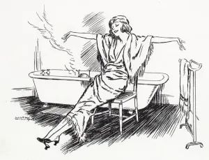 Drucke von Eine Dame sieht das Bild der Entspannung nach einem heißen Dampfbad Badezimmer Drucke: Die Idee von Wilton Williams zum Komfort beim Baden
