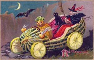 Drucke von Hexe, Katze und Chauffeur in einem Auto aus riesigem Knochen auf einer Osterhase-Postkarte; Datum: ca. 1900er Jahre Halloween-Plakate: Hexe, Katze und Chauffeur auf einem Osterhasenbriefchen