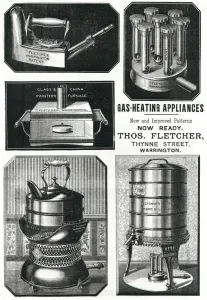 Anzeige für Gasheizgeräte von Thomas Fletcher, 1889