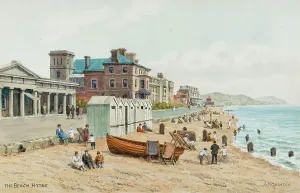 Drucke von Strand von Hythe im County of Kent - Gemälde des Landschaftsmalers Alfred Robert Quinton für die Verlags- und Druckerei Sevenoaks based, J. Salmon, und als lokales Ansichtspostkarte wiedergegeben Aquarellbilder Drucke: Strand in Hythe, Kent