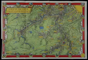 Drucke von Pikturale Karte des Koln-Tal-Stoffbezirks im Yorkshire, von dem Poster-Künstler und -Designer Leslie MacDonald Gill das Jahr vor seinem Tod gezeichnet, 1946 Yorkshire Drucke: Ein Kartenbild des Collen-Tal-Stoffbezirks