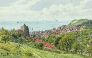 Drucke von Alter Hafen von Hastings im Osten von East Sussex - Gemalt vom Landschaftsmaler Alfred Robert Quinton für die Sevenoaks basierte Verlags- und Druckgesellschaft J Aquarellbilder Drucke: Altstadt, Hastings, Ost-Sussex
